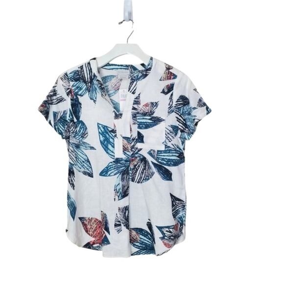 VAN HEUSEN Womens Top Blouse XXSmall Linen Palm Tropical Vacation Cream‎ Teal - Picture 1 of 9